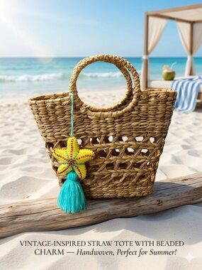 Handwoven Straw Tote Bag Beach Summer Purse Beaded Starfish Charm